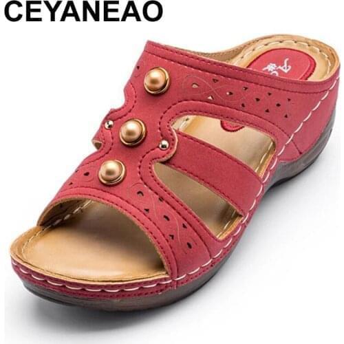 CEYANEAOVintage Rivet Wedges Slippers For Women Hollow out Casual Beach Shoes Female 2021 Summer Shoes Sandalias mujer