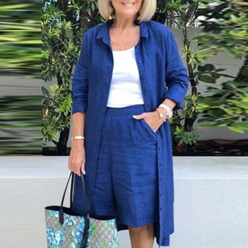 Retro Plain Cotton Linen 2pcs Set Women Spring Single Breasted Button Long Shirts and Half Pants Suit Autumn Pocket Lady Outfits