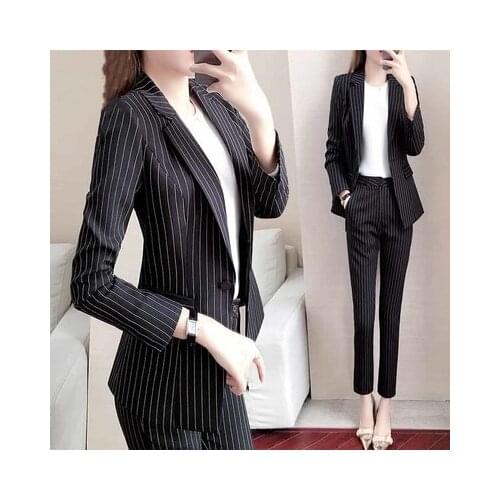 Autumn New Black White Suit Women Blazer And Pants Set Female Suits Office Wear Slit Cuffs Stripe Notched Business Suits Ladies