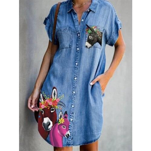 Denim Dress 2021 Women Summer Cartoon Print Blue Turn-Down Collar Short Sleeve Mini Dresses Pocket Plus Size Short Dress