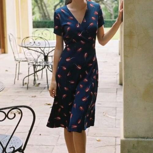 2021 Retro French Cross V neck Floral Print Wrap Dress Woman Lacing up Waist Slit Mid Long Slim Fit Summer Dresses Holiday Robe