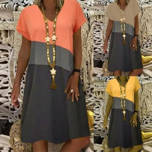 Women Dress Vintage V Neck Short Sleeve Color Block Loose Party Dress Plus Size Beach Boho Loose Midi Dresses Womens Clothing