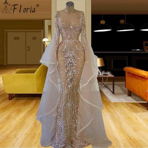 Sexy Dubai Crystals Nude Mermaid Evening Dress Long Pageant Dresses Beaded Tulle Formal Gown robe de soiree