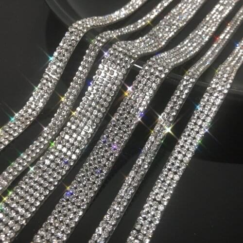 1 Yard 2-25 Rows Rhinestone Sewing Trim Hot-Fix Crystal Glass Tape Ribbon Wedding Dress Decoration Bridal Applique width 4-50mm