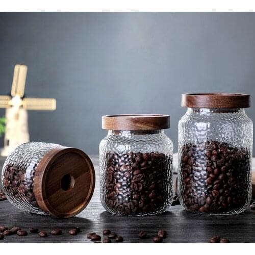 Home Coffee Bean Sealed Jar Glass Bottle Snack Storage Jar Acacia Wood with Lid Multigrain Tea Storage Jar Kitchen Decoration