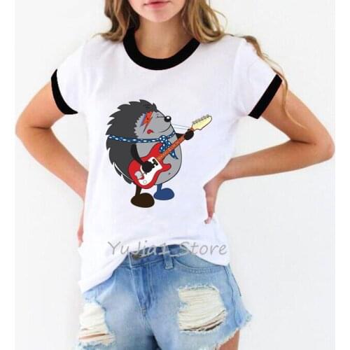 Cool Hedgehog Playing Guitar Animal Print Tshirts Women Funny White Hip Hop T Shirt Femme Harajuku Kawaii Clothes Female T-Shirt