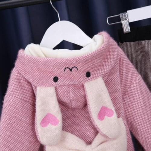 Girl Winter Clothes Set Rabbit Top Coat with Velvet Plaid Trousers Pants Pink Designer Clothes for Girl Child