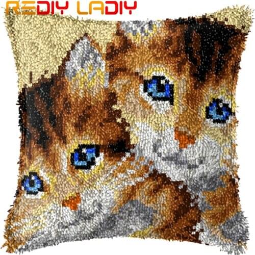 Latch Hook Cushion Two Kitten Cat Pillow Case Printed Color Canvas Acrylic Yarn Latched Hook Pillow Crochet Cushion Cover Kits