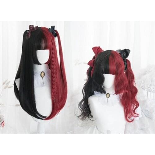 Lolita girl Black Mixed Red Long Curly Straight Bangs Halloween Cosplay Wig D049