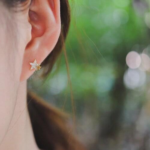 Cute Small Double Stud Earrings Minimalist Female Crystal Moon Star Earrings Real 925 Sterling Silver Wedding Earrings For Women