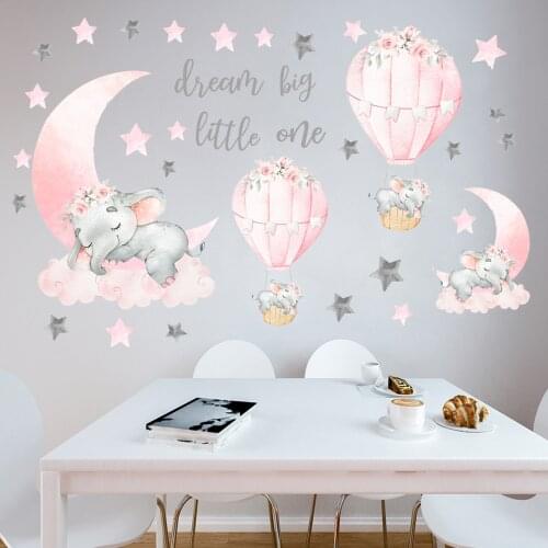 Cute Girl Pink Hot Air Balloon Sleeping Elephant Wall Stickers for Kids Room Nursery Decor Kindergarten Home Decor Vinyl Decals