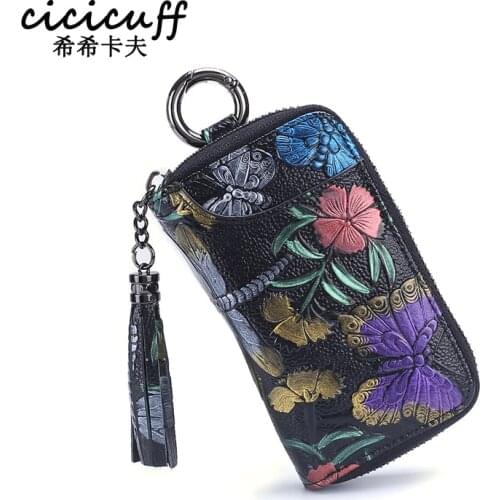 Fashion Rose Printing Key Case for Door Keys Cover Holder Genuine Leather Key Wallets Bag Tassel Women 8 Keys Holder Housekeeper