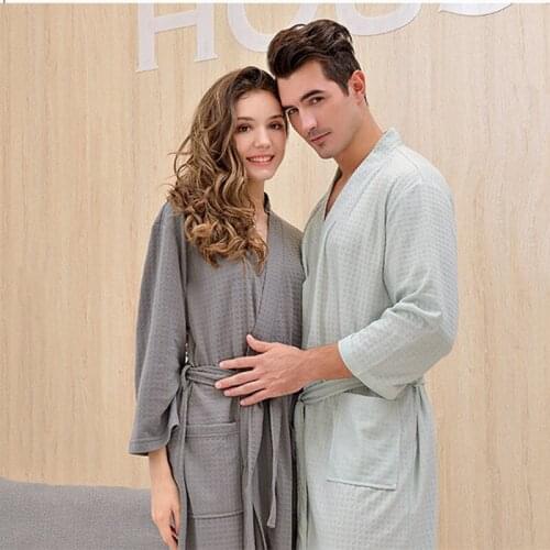 Fashion Women Men Bath Robe Sleepwear Solid Couple Bathrobe Casual Kimono Bathrobe with A Long Sleeve, with A Belt and Pockets