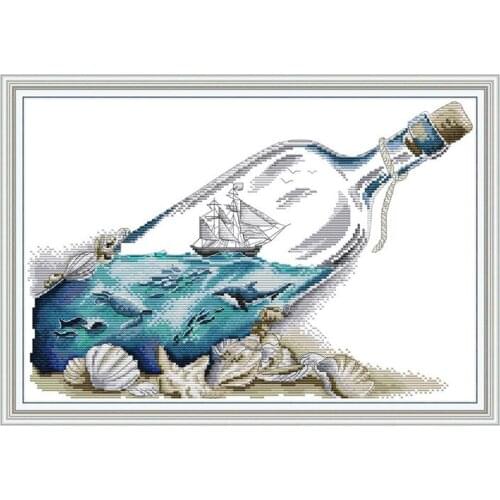 Seabed Drifting Bottle Cross Stitch Kit 14ct 11ct Count Printed Embroidery Set for Home Living Room Decorations Creative Gift