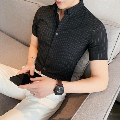 British Style Summer Short Sleeve Striped Dress Shirt Men Clothing 2021 Simple All Match Slim Fit Business Formal Wear Blouses