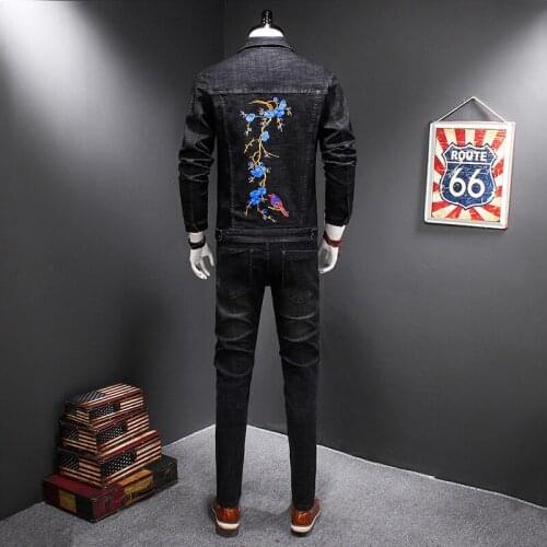 Men Set Fashion Two Piece Set Spring Autumn Embroidery Flower Long Sleeve Denim Jacket Zipper Jeans Mens Streetwear Plus Size