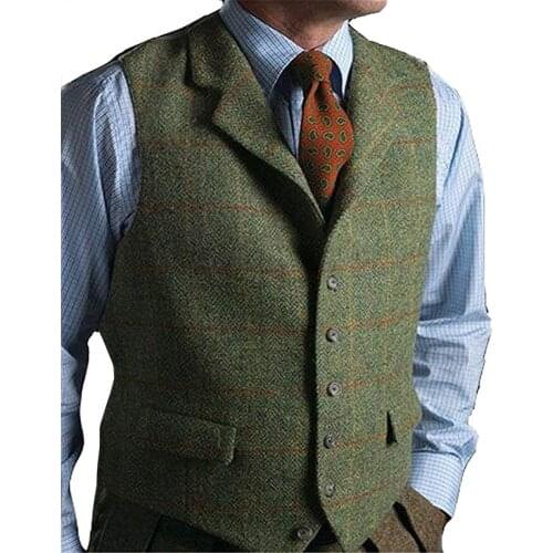 Mens Vest Green Vest Tweed Wool Waistcoat Lapel Plaid Suit Vest Herringbone Tweed Tuxedo Vest 2020 For Wedding Custom