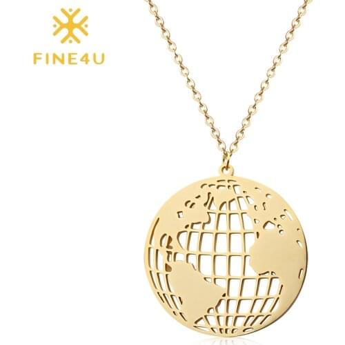 FINE4U N310 Round Globe World Map Pendant Necklace Stainless Steel Earth Necklace For Men Women Vintage Travel Gifts