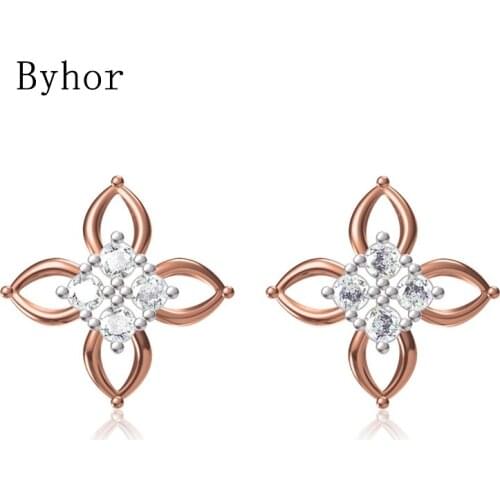 Byhor Solid 14K White/Yellow+White/Rose+White Gold 0.28ct H/SI Natural Diamonds Fine Jewelry Wedding Flower Stud Earrings Cерьги