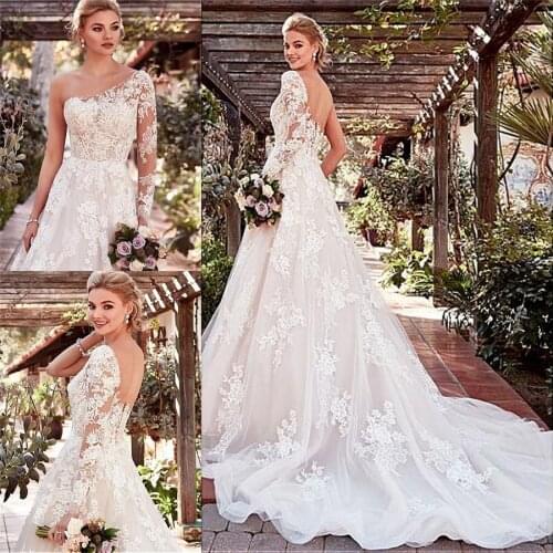 One Shoulder Long Sleeves Lace Appliques Wedding Dresses Custom Made Bridal Gowns Formal Vestidos De Mariage Garden Princess