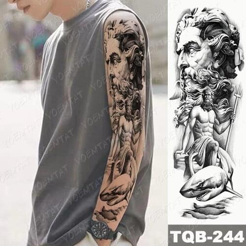 Waterproof Temporary Full Arm Tattoo Sticker Zeus Ancient Greek Poseidon Black Flash Tatoo Man Body Art Fake Sleeve Tatto Female