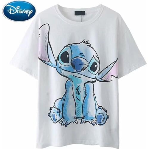 Disney T-Shirt Chic Fashion Stitch Little Monster Cartoon Print Women T-Shirt O-Neck Pullover Short Sleeve Cotton White Tee Tops