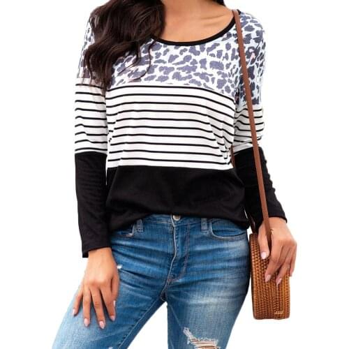 Women Autumn Long Sleeve Stripes Leopard Print Shirt Round Neck Pullover High Quality T-Shirts
