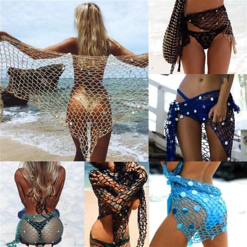 Women Bikini Cover-ups Fishnet Crochet Wrap Shawls Sexy Beach Skirts Tunic Pareo Ladies Swimwear Cover Up
