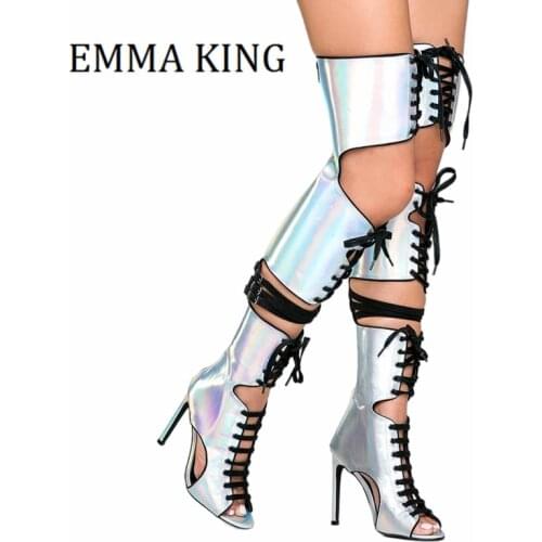 Womens Over The Knee Boots Laser Leather Thigh High Boots Peep Toe Zipper Strappy Booties Zapatos De Mujer Size 44 Women Shoes