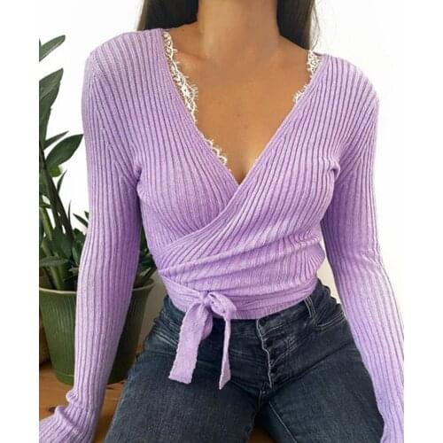 Lady Sexy Elegant Lace Up Wrap Knitted Tops Women Long Sleeve V Neck Slim-Fit Holiday Fashion Casual Sweaters Knitwear