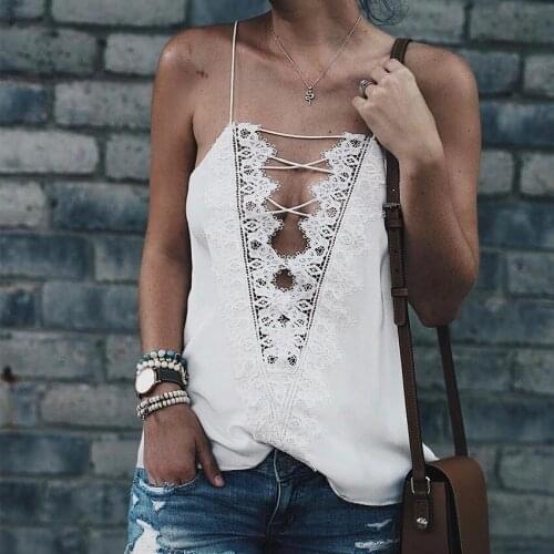 White Sexy Tops for Women Lace V Neck Top Sleeveless Casual Loose Tank Tops Pullover Polyester Camis Wholesale Mujer Verano 2020