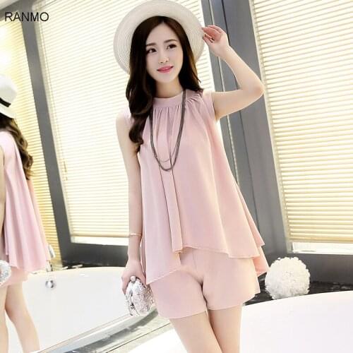 Womens Spring And Summer Chiffon Tracksuit Korean Fashion Summer Sleeveless Top And Shorts Two Piece Set Female Suit