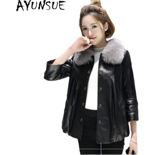 AYUNSUE Real Sheepskin Coat Women Fox Fur Collar Leather Jacket Women Cotton Slim Winter Clothes Korean Manteau Femme 2021 SQQ03