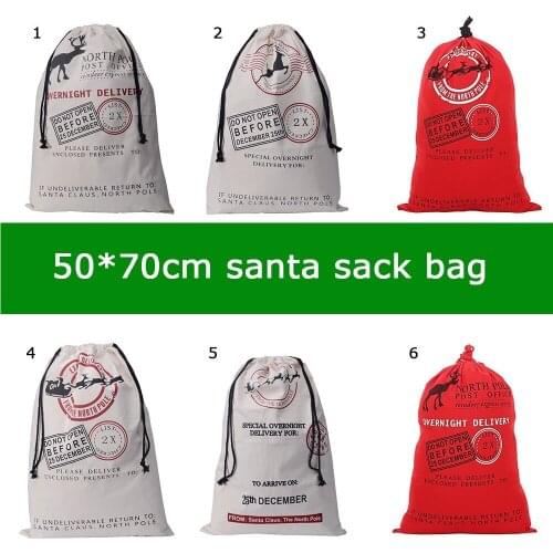 18 style 50*70cm 50pcs fast delivery santa bag santa sack xmas Gift canvas santa sack drawstring christmas gift bag wholesale