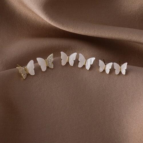 3Pairs 2021 Korean New Butterfly Stud Earrings For Women Fashion Jewelry Shell Acrylic Zircon Delicate Brincos Oorbellen