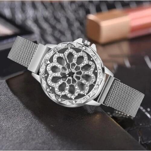 Rotate Starry Sky For Good Luck Watch Stainless Steel Mesh Magnetic Strap Gaiety Ladies Trendy Brand Diamond Dial Reloj Mujer