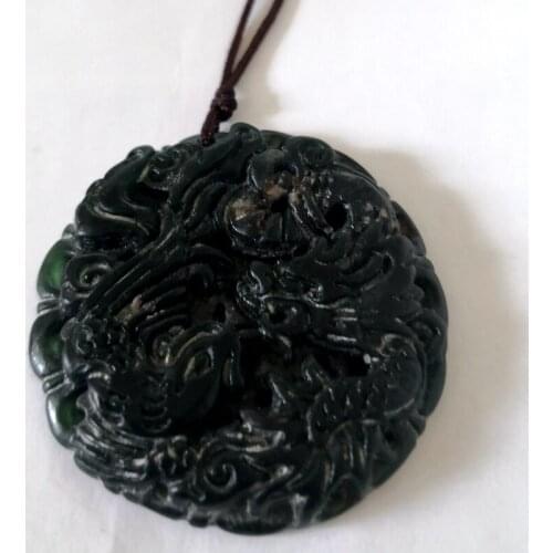 Black green chalcedony Dragon and Phoenix Amulet Pendant No.230 225 059 131