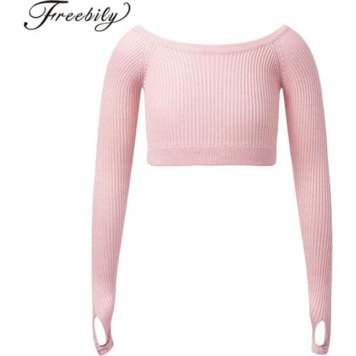 Children Girls Long Sleeve Dance Crop Top Kids Ballet Dance Knitted Sweater Tops Gymnastics Workout Fitness Crop Top Dancewear
