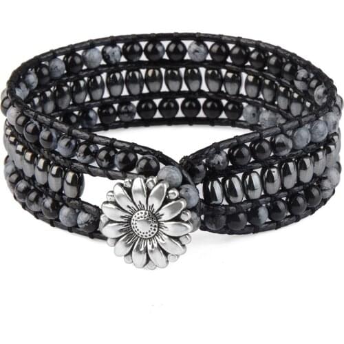 Chanfar Turquoise Stones Double Leather Wrap Bracelet Ethnic Style Beaded Metal Flower Buckle For Men And Women Fashion Jewelry