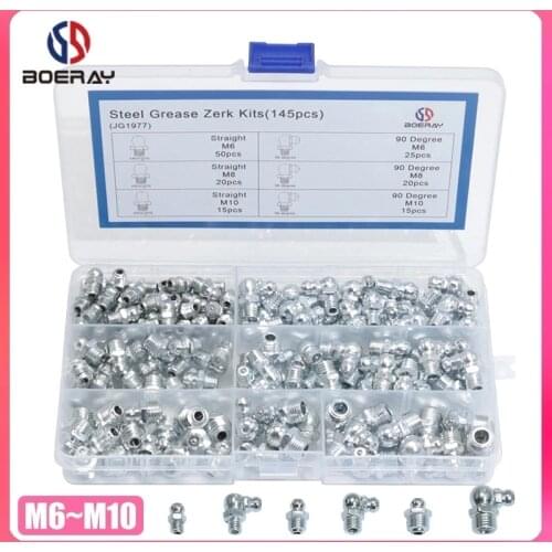 145pcs 90 Degree and Straight Type M6 M8 M10 Metric Size Hydraulic Zerk Grease Nipple Fitting JG1977