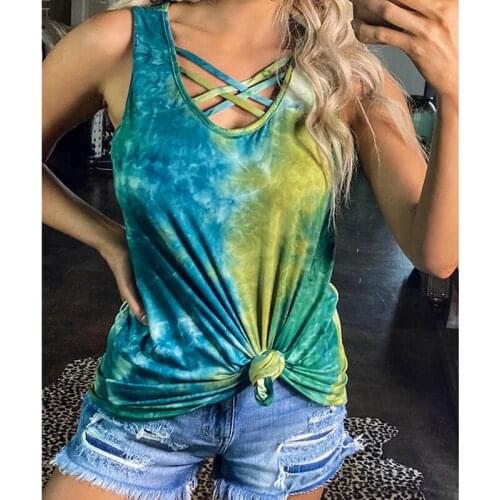 U-Neck Women Tank Top Clothes Hollow Out Sleeveless Tie Dye Blue Tops Female Casual 2020 Summer Loose Tanks Lady Streetwear S-XL