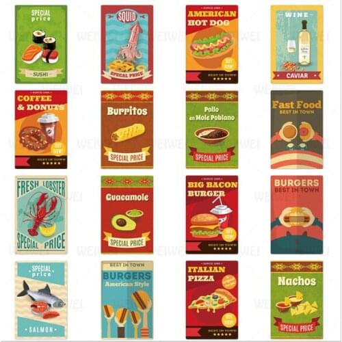 Food Metal Sign Fast Food Restaurant Iron Plate Sushi Special Price Text Decoration Tin Sign Hamburger Pizza Metal Plaque Art