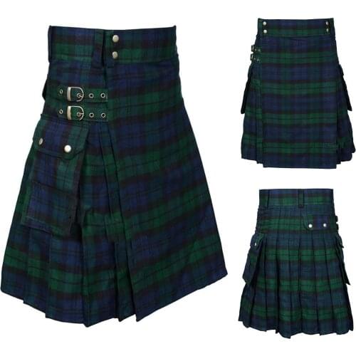 Punk Rave Mens Skirt Punk Cotton Skirt Personality Vintage Plaid Pants With Pockets Casual Shorts Skirt Scottish Culottes 4