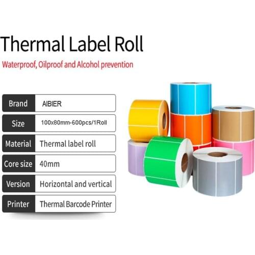 AIBIER Color Blank Thermal Label barcode Sticker 40mm Core 100x80mm/600pcs/1Roll Top Thermal Paper Adhesive Stickers