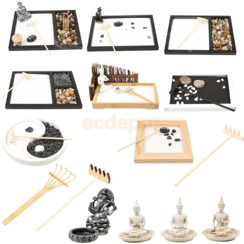 Japanese Style Zen Garden Sand Tray Stones Rake Buddha Tealight Holder Incense Burner Home Teahouse Decor