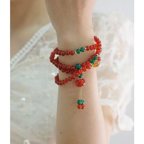 Retro Ethnic Four-circle Red Agate Bracelet Female Autumn and Winter Live Broadcast Lotus Lamp Bracelet Simple Antique Jewelry