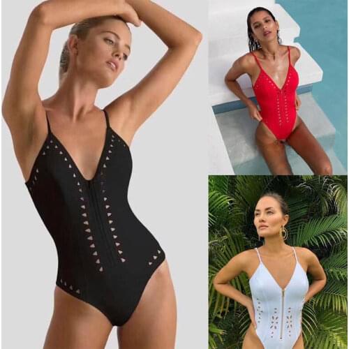 Sexy Backless One-piece Swimsuit Women Bikini Solid Color Zipper V-neck Monokini Female Swimming Suit Beach Brazilian Biquini