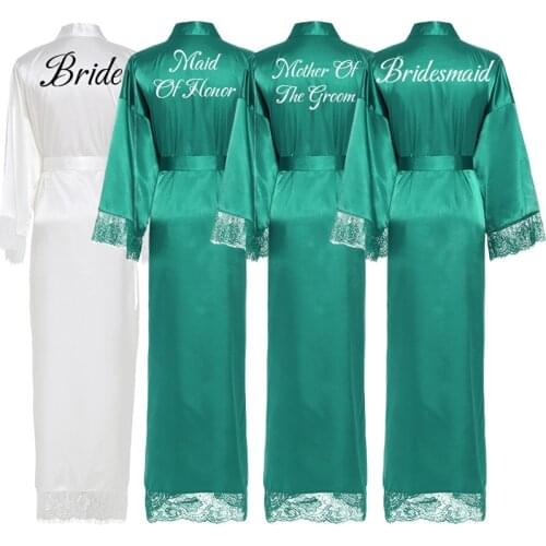 Silk Satin Long Robes Long Sleeve Green Custom Bride Robe Bridesmaid Robes Women Long Lace Robe Bridal Robes Wedding Bathrobe