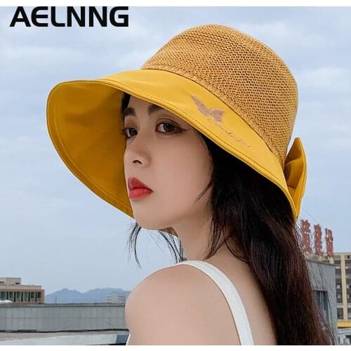 AELNNG Brand Summer Sun Protection Sunhat Womens Butterfly Embroidery Sandy Beach Bucket Hats Anti-UV Breathable Sunhat A8045
