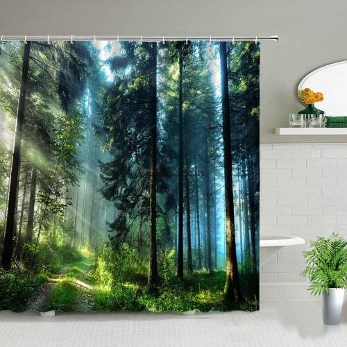 Modern 3D Printing Green Plant Tree Scenery Shower Curtains Forest Bamboo Landscape Bath Curtain Set For Bathroom Decor Cloth